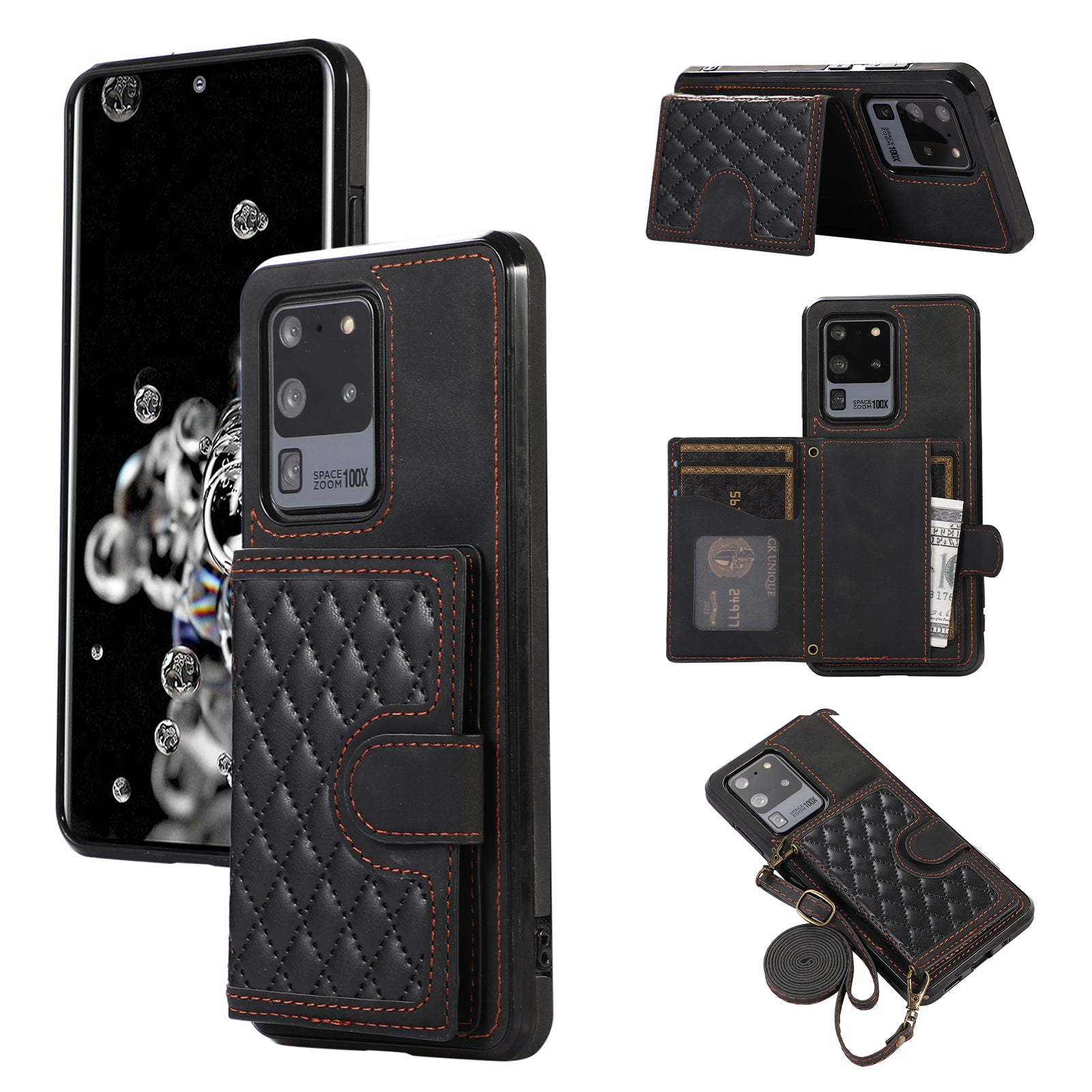 Phone Case for Samsung Galaxy S20 Ultra Card Holder TPU+PU Leather Kickstand Phone Cover - Black Phone Case for Samsung Galaxy S20 Ultra Card Holder TPU+PU Leather Kickstand Phone Cover - Black